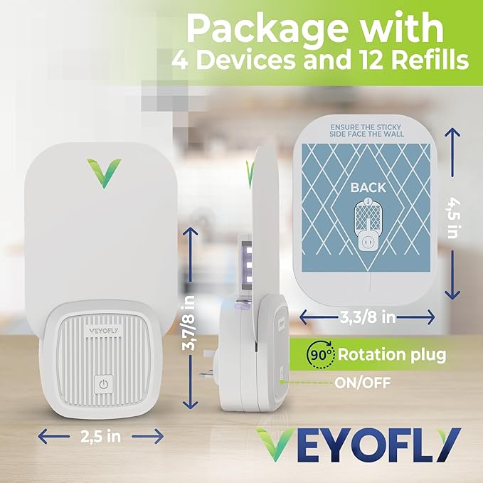 VEYOFLY Fly Catcher Indoor, Fly Trap, (4 Device + 12 Refills) Fruit Fly Traps for Indoors, Gnat Traps for House Indoor, Bug Killer, Fly Trap, Plug in Light Flying Insect Trap