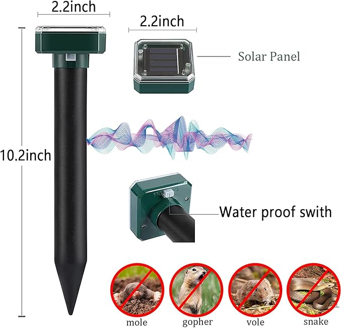 Solar-Powered Mole Repellent 10P Outdoor, Gopher Repellent for Lawn Garden Yard, Mole and Vole Repeller Waterproof, Effectively Repels Gophers Snake