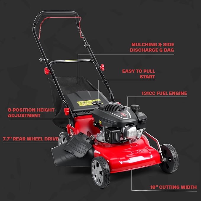 Gas Lawn Mower 131cc 4-Cycle, 3-in-1 Push Lawn Mower with 50L Grass Bag, Adjustable Cutting Height, Low Noise & Fuel-Efficient Design for Lawn, Yard and Garden Care
