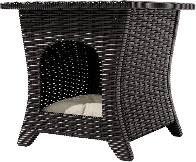 Vista Vibe Patio Wicker Side Table, All-Weather Rattan Furniture, 2 in 1 End Table & Pet Nest for Porch, Sunroom, Garden (Beige)