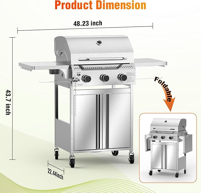 G31 Gas Grill, 3-Burner Gas Grill with Folding Side Tables,Stainless Steel 24,000 BTU BBQ Grill,Outdoor Propane Grill for Barbecue,Patio,Camping