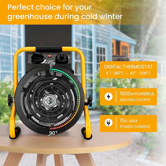 Greenhouse Heater with Digital Thermostat, Grow Tent Heaters, Overheat Protection, Fast Heating for Green House, Flower Room, BK