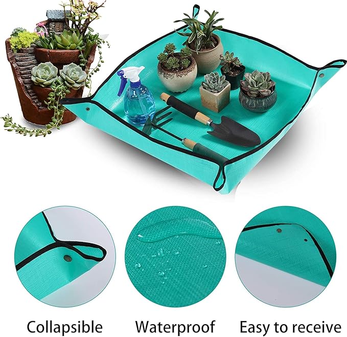 PE Houseplants Repotting Mat, Waterproof Indoor Plant Potting Tray, Foldable Bonsai Repotting Pad, Garden Soil Mess Workspace Tarp for Succulent, Cactus, Aloe Vers, Pothos, 26.8 x 26.8