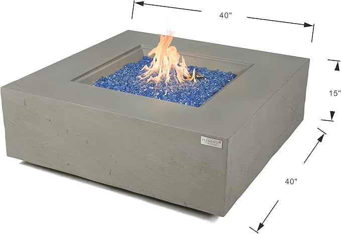 Elementi+ | Capertee Gas Fire Pit Cast Concrete 40" Square Fire Table, Outdoor Fire Pit Electronic Ignition | Canvas Cover, Fire Glass and Burner Lid Included | Light Gray | Propane Gas