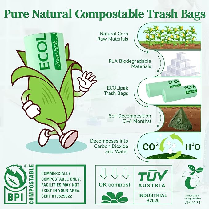 ECOLipak 33 Gallon Compostable Trash Garbage Bags, 25 Count (1 Roll) Biodegradable Heavy Duty Large Outdoor Trash Bags for Lawn/Yard, US BPI ASTM D6400 and OK Compost Home Certified