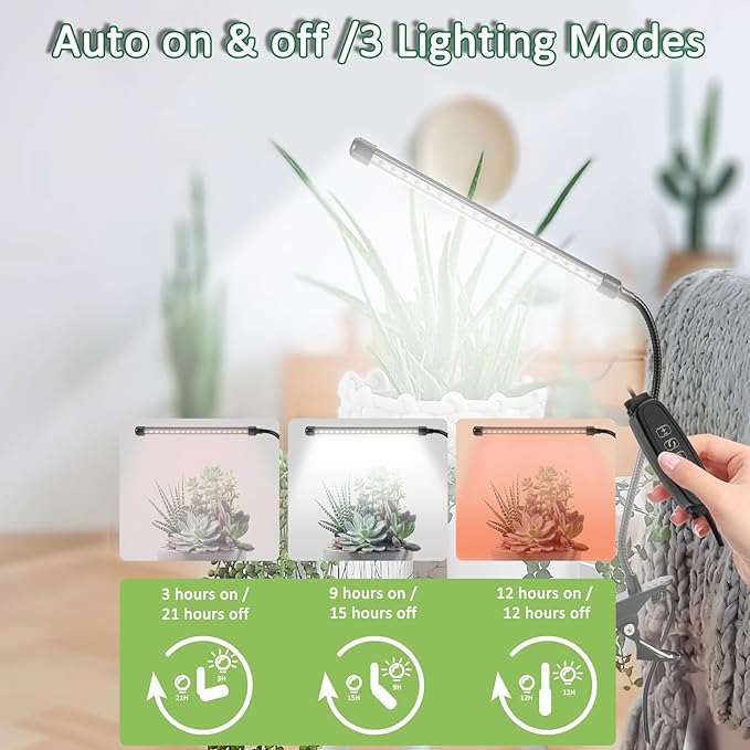 Sunny Power Clip On Grow Lights for Indoor Plants Full Spectrum, 6000K LED Plant Light for Indoor Growing With Adjustable Auto On/Off Timer, Dimmable, 3 Lighting Modes White Red Leds for Seed Starting