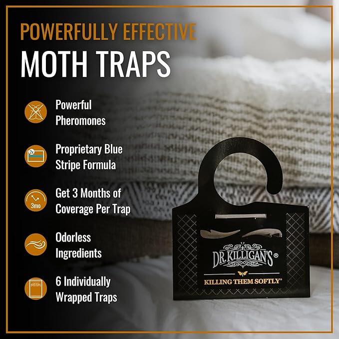 Dr. Killigan's Premium Double Potent Clothing Moth Traps with Pheromones Prime, Organic Clothes Moth Trap with Lure for Closets & Carpet, Case Making & Web Spinning (6 Pack, Black)