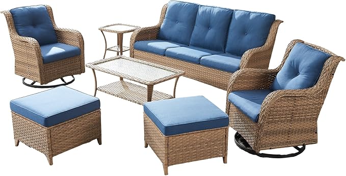 7 Piece Patio Furniture-All-Weather PE Wicker Outdoor Patio Furniture with Swivel Rocker Chairs,Outdoor Couch with Ottomans,Outdoor Furniture Set with Tables,