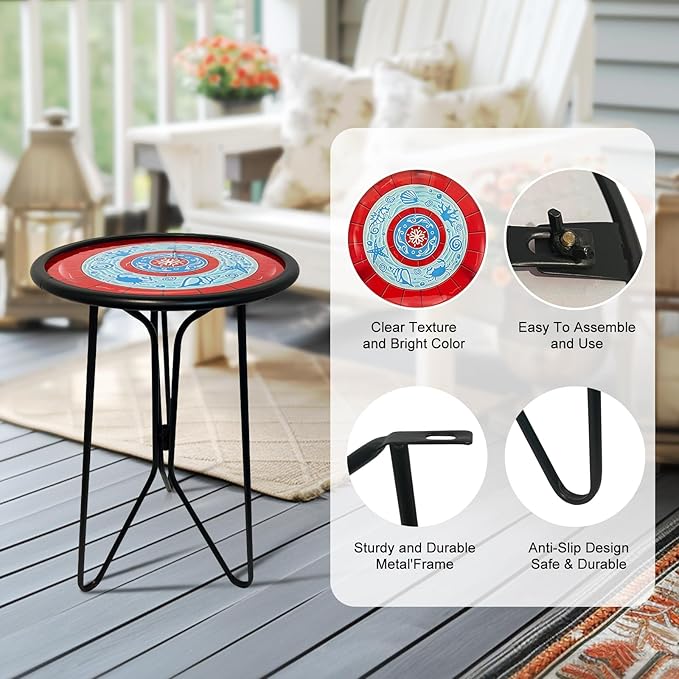 LIFFY Outdoor Side Tables, 12" Coffee Table Small Patio Table, Indoor Small Round Home Decorative End Table, Plant Stands Table Outside, for Yard Balcony Garden Bedside Pool Beach(Metal & Glass,Red)