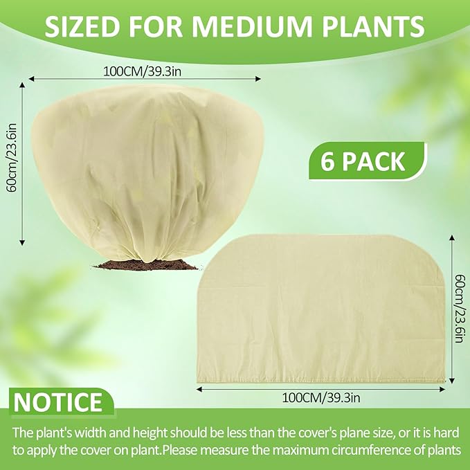 6 Pcs Winter Plant Covers Freeze Protection 39.4x23.6 Inch Horizontal Shrub Tree Rose Plant Protection Bags Frost Blanket with Drawstring for Fall Winter Outdoor Garden Planting (Beige)