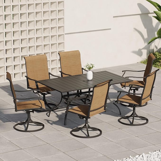 7-Piece Outdoor Dining Set, 6 Swivel Chairs&63.5‘’ Rectangular Table All Weather Frame Furniture Set - Brown Style1