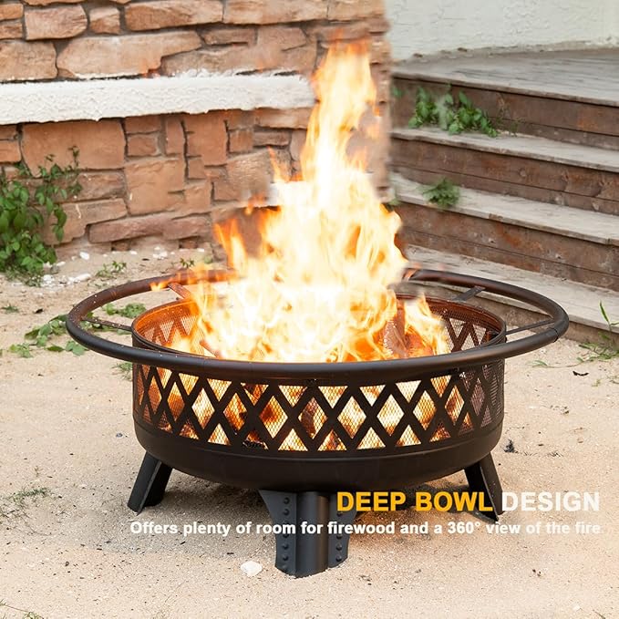 38 Inch Wood Burning Fire Pit for Outside, Round Firepit with Grill & Metal Lid, Metal Outdoor Fire Pit Table for Patio Backyard Garden Bonfire Party