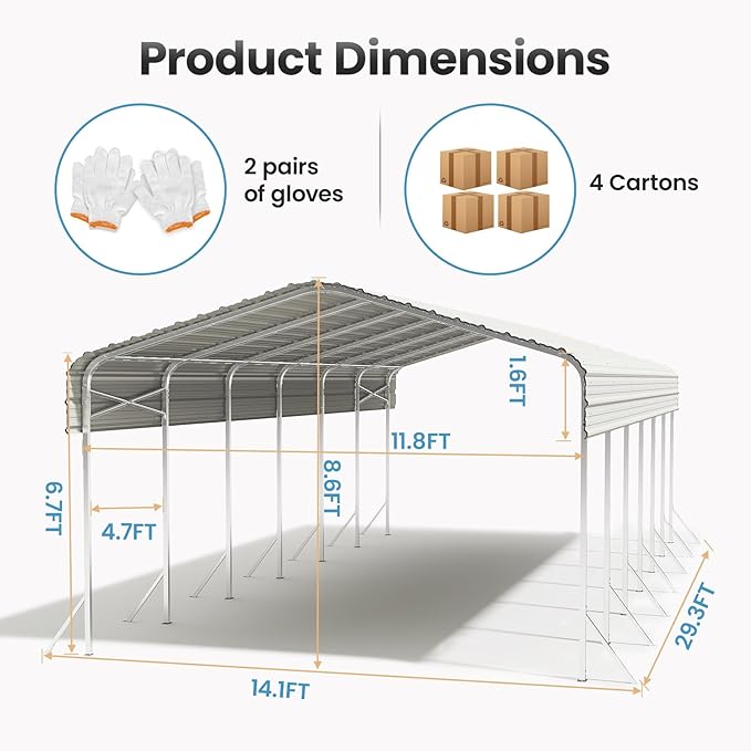 Heavy Duty Metal Carport – Sturdy Structure, All-Weather Protection, Easy Assembly for Cars, Trucks, Boats, Tractors, and Outdoor Storage (White, 14X30 FT)