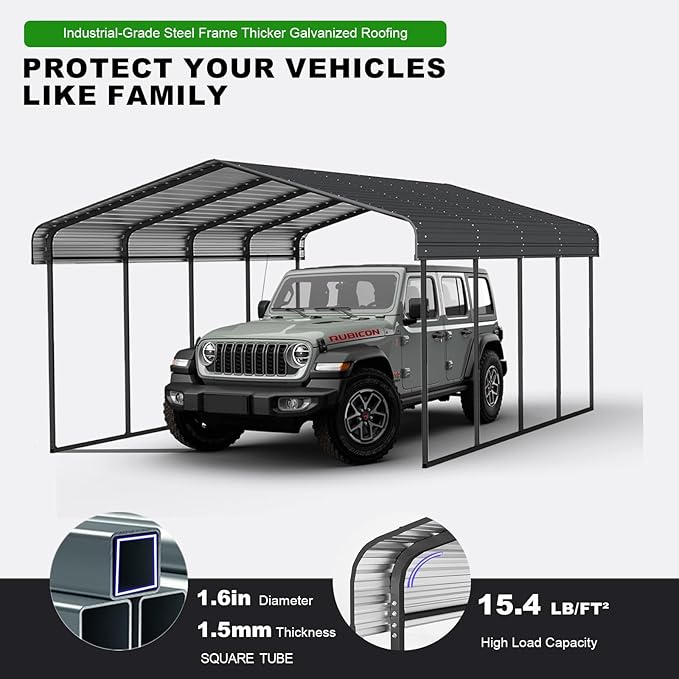 10x15 FT Metal Carport, Heavy Duty Car Port with Galvanized Metal Roof, Outdoor Garage Car Shelter Shade for Car, Boats and Truck (Dark Gray)
