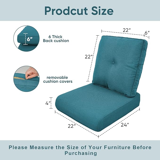 Outdoor Wicker Chair Cushions 2 Packs - Outside High Back Thick Water-Resistant Cushion 22x24 with Zipper Cover for Patio Glider Rocking Chairs Loveseat Couch – Peacock Green/Buckle