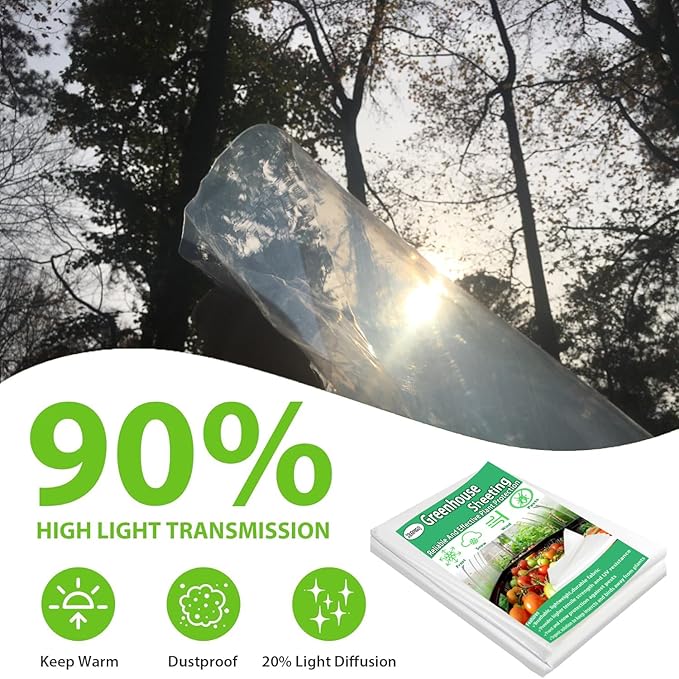 12FTx26FT Greenhouse Plastic Sheeting, 6 Mil Thick Clear Polyethylene Film, Waterproof Wind Frost Dust UV Resistant Green House Plastic Covering for Outdoor Plant, Garden, (12ft x 26ft)
