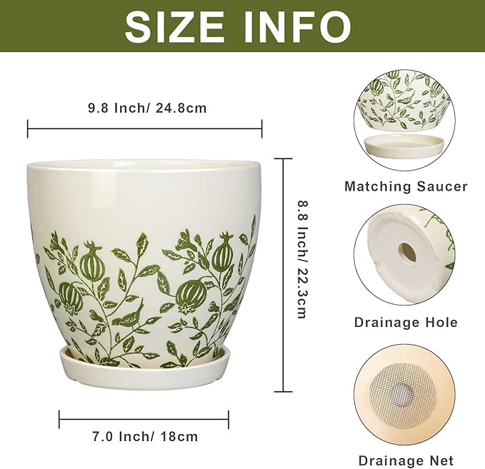 10 Inch Plant Pot - Ceramic Planter with Drainage Hole and Saucer, Boho Round Decorative Flower Pot for Indoor Plants, Housewarming Gifts, Office Garden Home Outdoor Decor, White