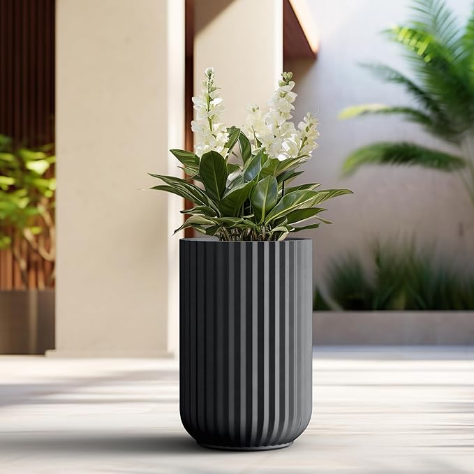 Kante Tall Fulted Planter, 21.7 Inch Tall Round Concrete Plant Pots with Drainage Hole and Rubber Plug, Modern Decor for Indoor Outdoor Plants, Flower, Black