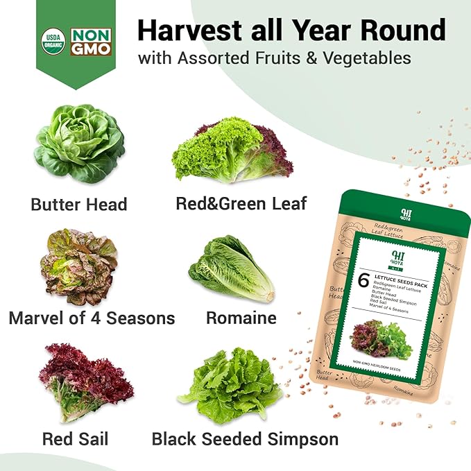 Lettuce Seed Pods for All Hydroponics Growing System, 8 Pods with 600+ Seeds of Romaine/Butter Head/Red&Green Leaf/Black Seeded Simpson/Red Sail and Marvel of 4 Seasons