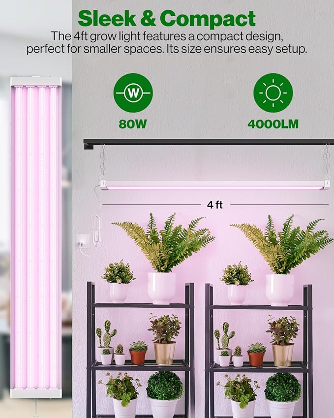 Sunco Grow Lights for Indoor Plants LED, 4FT Grow Light for Greenhouse, 80W, Full Spectrum, Integrated Suspended Fixture, Linkable, Plug in, for Seedlings, Vegetables, Flowers 4 Pack