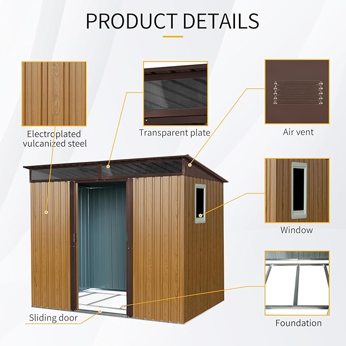 8x6 FT Outdoor Metal Storage Shed with Window, Lockable Sliding Doors and Transparent Plate - Patio Shed for Backyard, Garden, Lawn (Coffee)