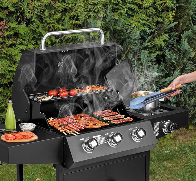 Bonnlo 3 Burner Propane Grills with Side Burner and Porcelain-Enameled Grates, 46000BTU Gas Grill with Side Shelf and Portable Rolling Wheels, Grill for Outdoor Cooking BBQ Patio Backyard