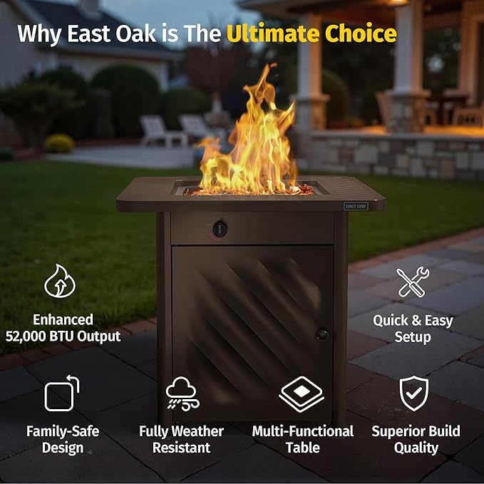 EAST OAK 28โ Outdoor Propane Fire Pit Table | 52,000 BTU Gas Fire Pit for Outside with Easy-Hook Lid, Mesh Pocket & Lava Rocks | CSA Certified | Ideal for Patio, Garden & Backyard | Brown