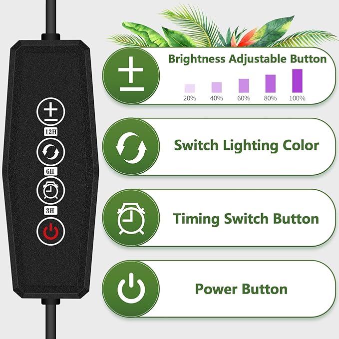 LED Grow Light, 3 Heads Red Blue White Full Spectrum Plant Light with Clamp for Indoor Plants & Seed Starting, 10-Level Dimmable, Auto On Off, Timing 4 9 12Hrs