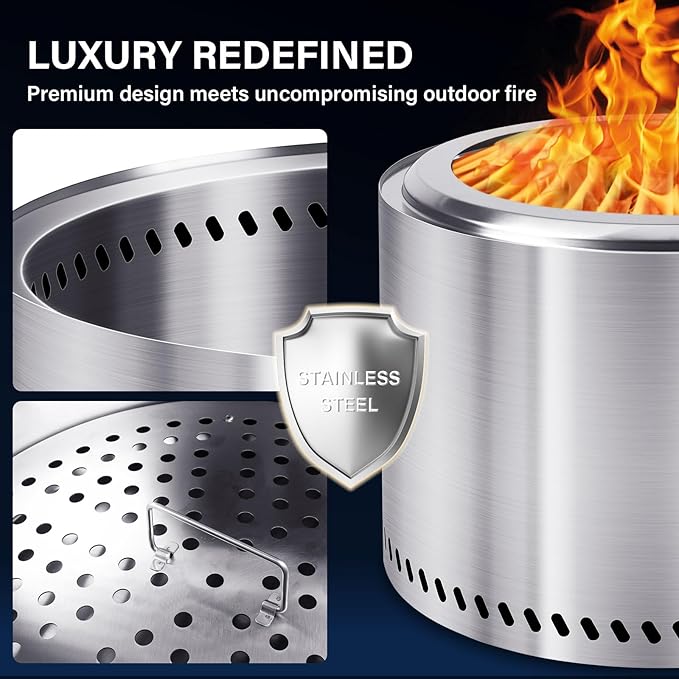 HGD 15" Smokeless Fire Pit Outdoor, Stainless Steel Wood Burning Firepit with Secondary Combustion, Backyard Patio Stove for Garden, BBQ & Bonfire