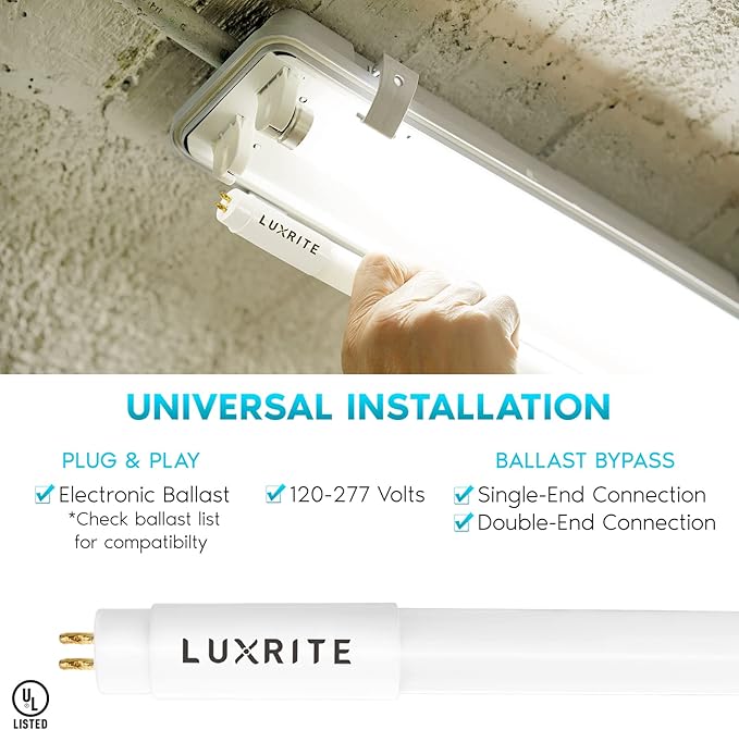 LUXRITE 12-Pack 4FT T5 LED Tube Lights, Type A+B, 24W=54W, 3000K Soft White, 45.78", Ballast and Ballast Bypass Compatible, Single or Double End Powered, F54T5 Fluorescent Replacement, Damp Rated