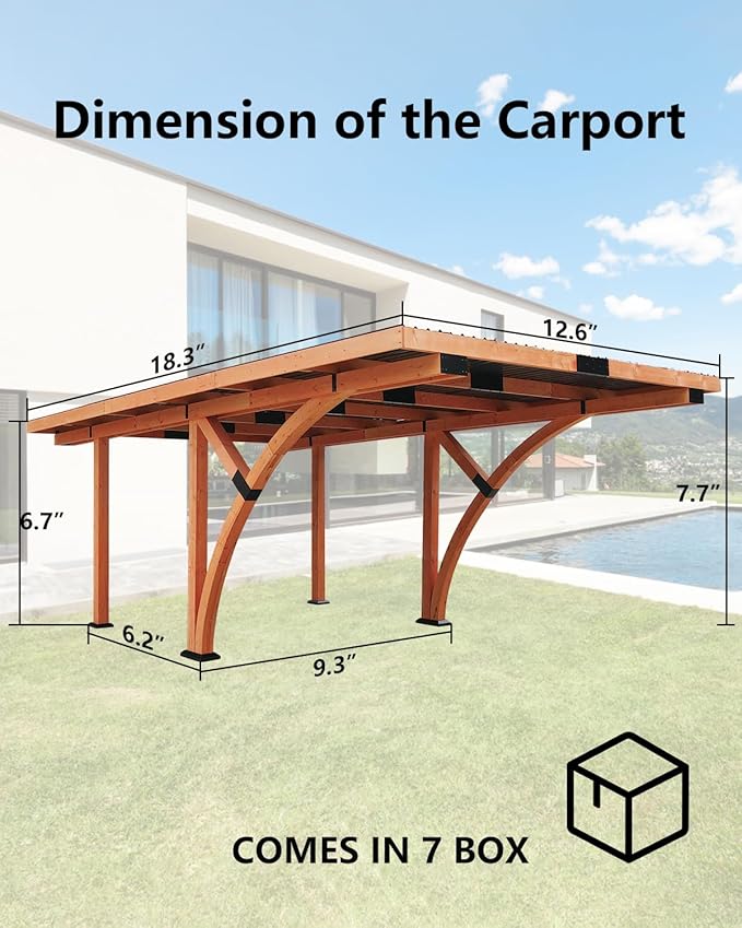 18.3 x 12.6 x 7.7 FT Curved Carport, Wood Outdoor Gazebo Pavilion with Hardtop Sloped Steel Roof, Heavy Duty Waterproof Car Port for Backyard, Patio, Deck and Lawn