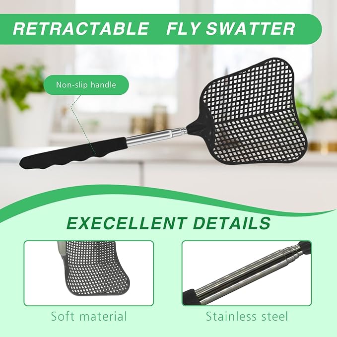 MYSTICHOME Fly Swatter 4 Pack, Durable Heavy Duty Plastic Fly Swatters, Stainless Steel Telescopic FlySwatter for Indoors/Outdoor/Kitchen/Garden (4 PCS Black)
