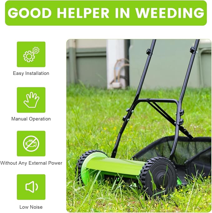12In Manual Lawn Mower with 6-Gal Grass Catcher 5 Manganese Steel Blades Adjustable Height Rust-Proof Push Reel Lawn Mower for Gardens, Yards, Parks