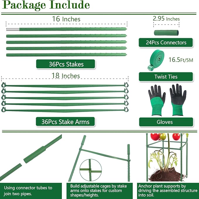 3Pack 18.5" Width Up to 48" Height Adjustable Square Tomato Cages for Garden, Plant Support Stakes for Climbing Vegetable, Tomatoe, Flower, with Twist Ties Snap-On Stake Arms