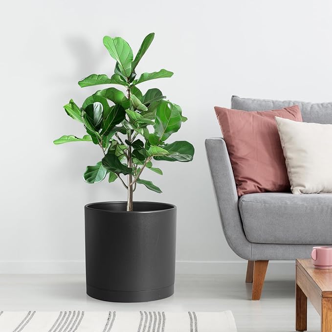 10 Inch Large Deep Plant Pots for Indoor Outdoor Plants, Tall Cylinder Flower Pots with Drainage Holes and Saucer, Big Plastic Planter Pots for Garden Porch House Plants, Black