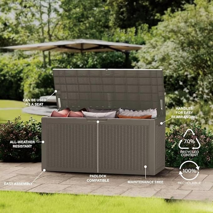 80 Gallon Resin Deck Box, Waterproof Outdoor Storage Bin for Patio Furniture, Pool Accessories, and Garden Tools, Lockable & UV-Resistant, Grey
