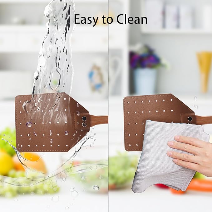 Leather Fly Swatter - Heavy Duty Manual Fly Swatter with Wood Handle, Durable Leather Fly Swatter for Indoor and Outdoor Use (Brown)