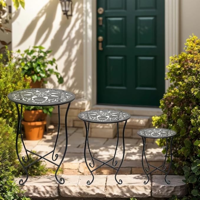 3pcs Plant Stand Small Outdoor Table,Round Black Metal Shape with Decorative Openwork Flower Pattern, Anti-Rust Wrought Iron Patio Table for Indoor Plant Stand,Porch,Balcony,Garden,Yard (Small & Medium & Large)