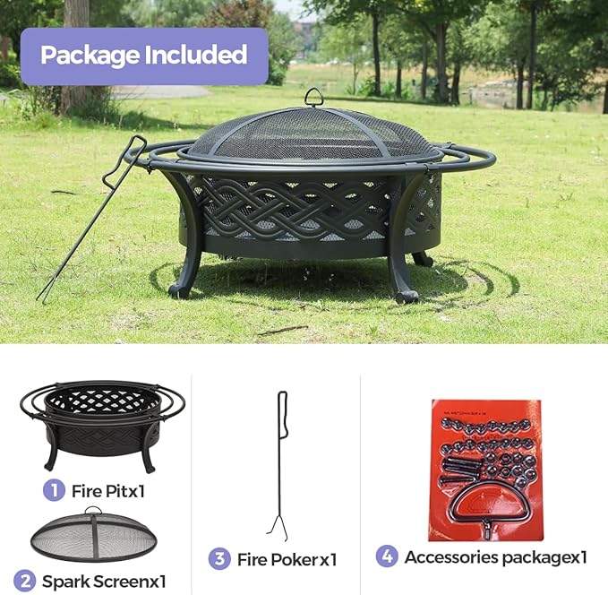 42 Inch Outdoor Fire Pit with 2 Loops,Crossweave Wood Burning Fire Pits for Outside,with Spark Screen,Fire Poker,Round Metal Firepit for Patio,Backyard,Beach,Camping,Bonfire(42''Black)