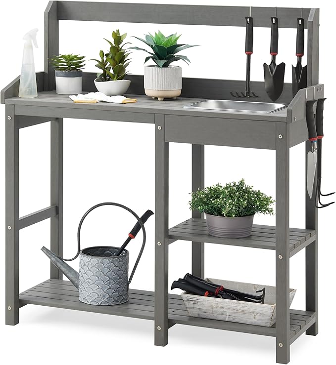 Psilvam Outdoor Potting Bench with Sink for All-Weather Gardens, HDPE Potting Benches for Outside, Planting Table for Garden, Patio and Lawn (Grey)