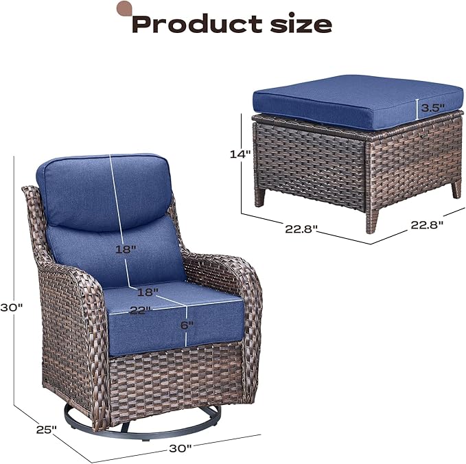 Wicker Outdoor Patio Furniture Set - 4 Piece Patio Conversation Set with Swivel Rocker Chairs and Ottomans, 6 inch Cushions, High Back, Deep Seating, for Porch Deck Garden Brown/Blue
