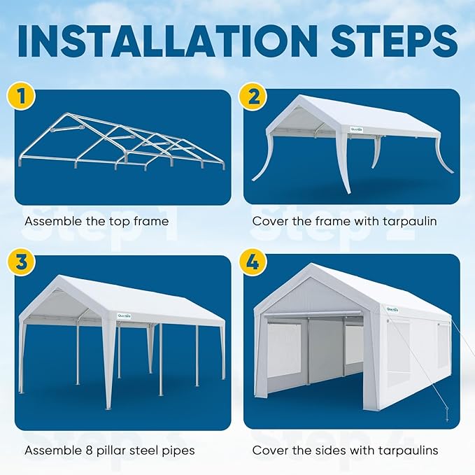Quictent 10x20 ft Heavy Duty Carport Canopy Galvanized Car Tent Outdoor Garage Boat Shelter with Reinforced Structure with Roll-up Ventilated Windows Sidewall - White