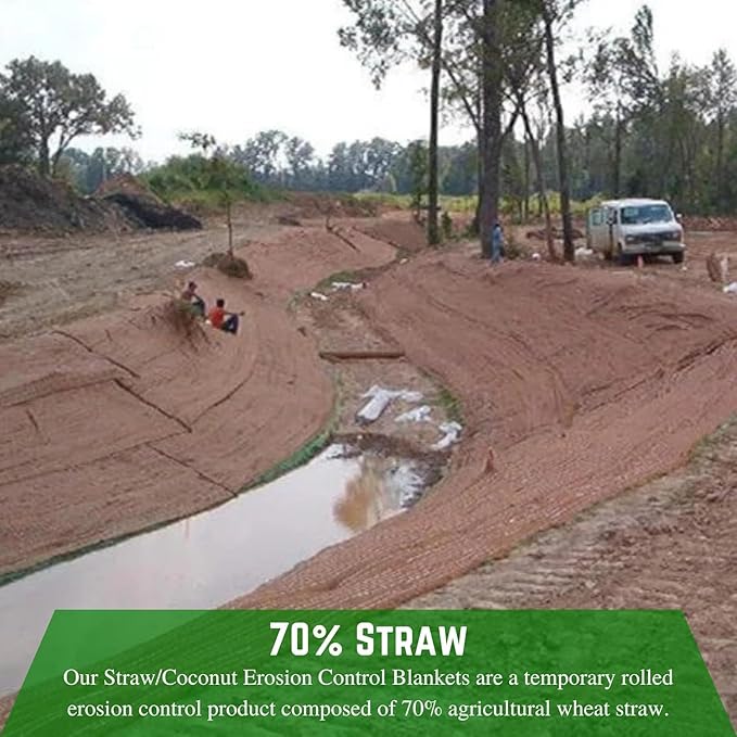 Farm Plastic Supply 100% Biodegradable Erosion Control Blanket - Straw/Coconut Straw Garden and Landscape Cover, Straw Blanket, Erosion Control (2' x 112.5')