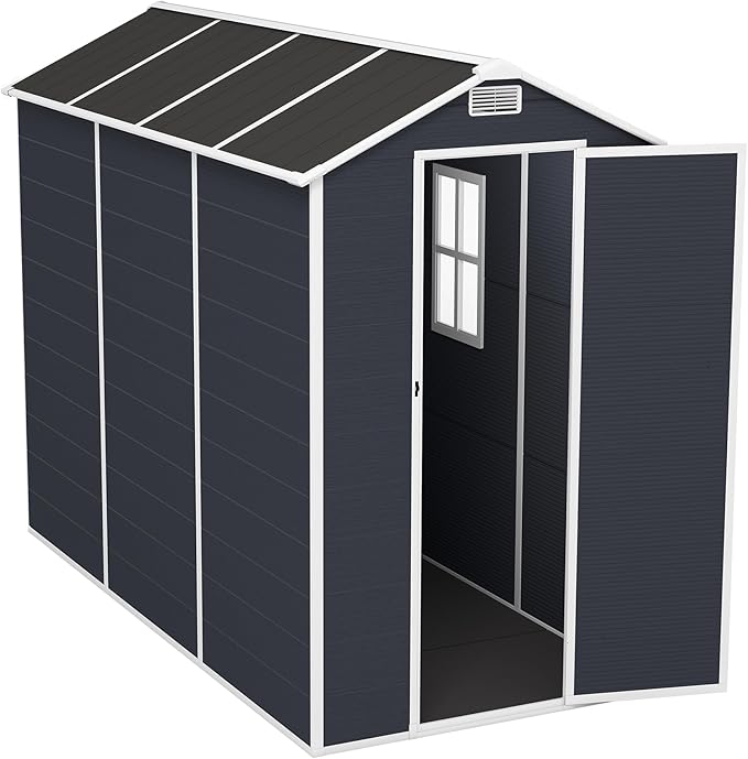 Resin Storage Shed 8x4ft, Outdoor Tool Shed with Floor, Window, Lockable Doors and Vents, 12mm Thick pp Board, Storage Sheds for Patio, Garden, Backyard, Lawn (Dark Gray, 4 * 8ft)