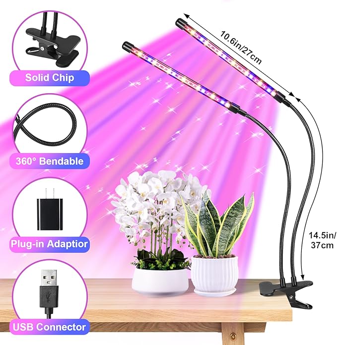 Black 2-Tube Clip-On Grow Light with Red/Blue/Yellow LEDs, Full Spectrum, 6/12/16H Timer, 3 Modes & 10 Dimmable Levels, for Indoor Plants (8W) (2 Pack)