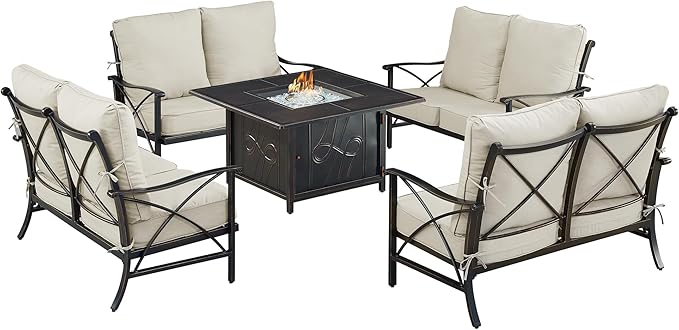 Oakland Living AHRI-4LS-REGIS-LGCU-AC Black Aluminum Patio Fire Table Set with Four Deep Seating Loveseat with Cushions, Antique Copper