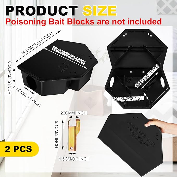 Qualirey 2 Pcs Rat Bait Station with Keys 13.58 x 8.98 x 3.35 Inch Rodent Station Rat Traps, Keeps Children and Pets Safe Indoor and Outdoor, Bait Not Included (Black)