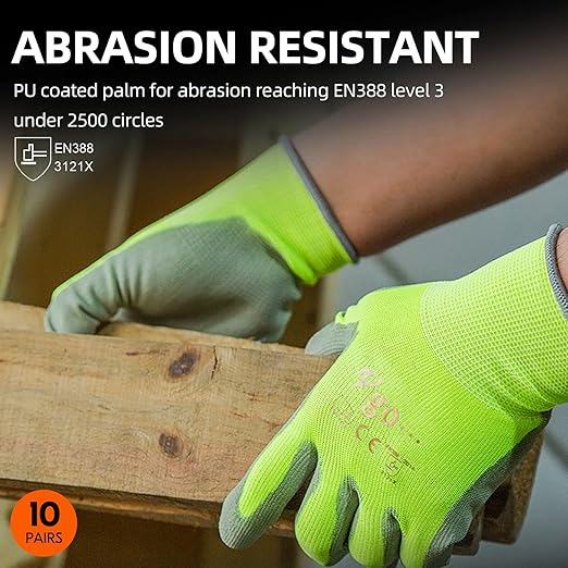 Vgo... 10-Pairs Safety Work Gloves, Gardening Gloves, Polyurethane Coated, Dipping Gloves, Latex Free (Size L, Yellow, PU2103)