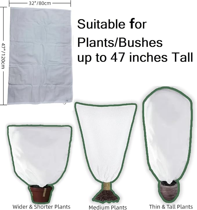 EAONE 12 Pack Plant Covers Freeze Protection, 32x47'' Winter Frosts Cloth for Outdoor Plants, Reusable Frost Blankets Drawstring Bags for Cold Freeze Sun Protection Bird Insect Prevention,White