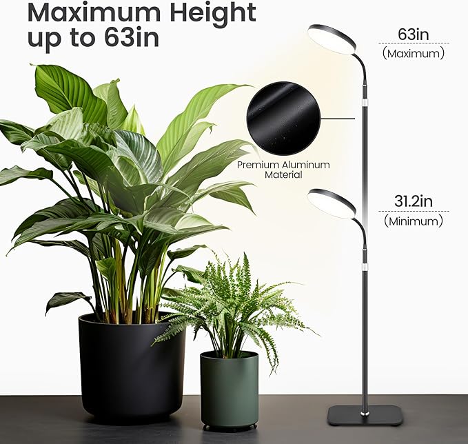 Indoor Plant Grow Light, 20W Full Spectrum Growing Warm Lights, Auto Cycle Timer, 63in Telescopic Height Adjustable Floor Stand, 10-Level Dimmable,Large Tall Small Plants LED Growth Lamp
